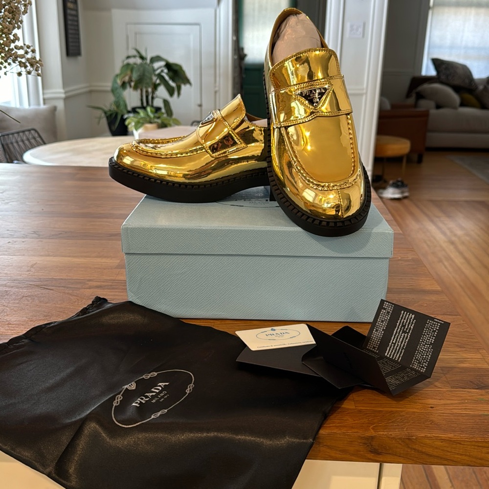 COPY - Prada Metallic Brushed Calfskin Metal Triangle Logo 50mm Loafers